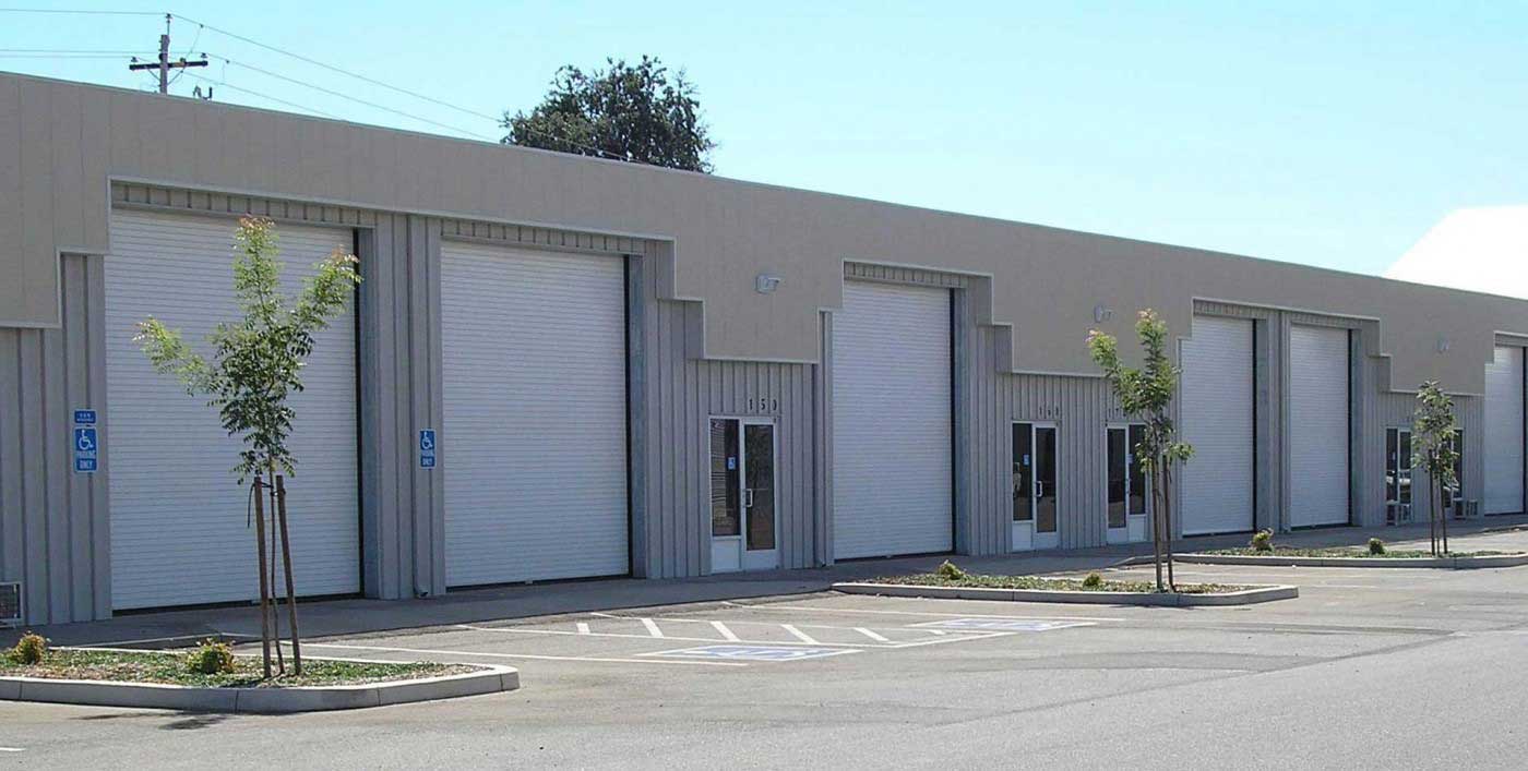 Commercial building with garage doors