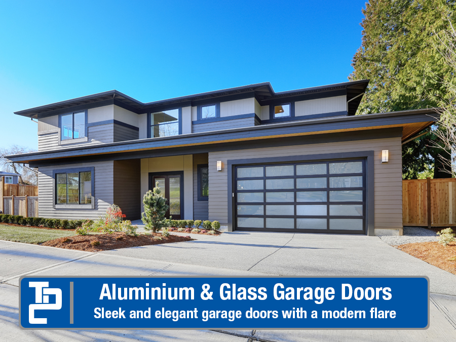 Modern home with Aluminum & Glass Garage door with text saying Aluminum and Glass Garage Doors, Sleek and elegant garage doors with a modern flare