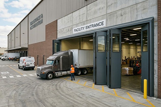 Folding garage gate at a warehouse facility with a delivery truck entering